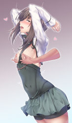  1girl bike_shorts black_shorts blush brown_eyes brown_hair female_focus flat_chest gradient_background grey_skirt heart kantai_collection long_sleeves matsunaga_garana nipple_stimulation nipple_tweak nipples open_mouth pleated_skirt short_hair shorts shorts_under_skirt skirt solo solo_focus taihou_(kancolle)  rating:Questionable score:19 user:danbooru