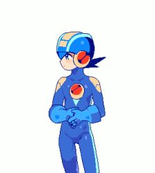  1boy animated blue_bodysuit blue_helmet blush bodysuit bodysuit_condom cum cum_in_clothes disembodied_hand erection foreskin gameplay_mechanics handjob handjob_over_clothes helmet male_focus mega_man_(series) mega_man_battle_network megaman.exe netnavi penis pixel_art shota simple_background skin_tight tango_dream tearing_up testicles yaoi 