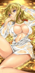  1girl bare_legs blonde_hair bow breasts buoyant_hair cleavage female_focus fingernails hair_bow highres large_breasts long_hair lying no_bra no_headwear no_headwear on_back partially_submerged purple_eyes saburou_(hgmg) smile solo touhou wet wet_clothes yakumo_yukari 