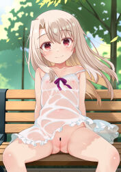  1girl bare_shoulders bench blush breasts camisole censored closed_mouth covered_erect_nipples covered_navel dress exhibitionism fate/kaleid_liner_prisma_illya fate_(series) highres illyasviel_von_einzbern loli long_hair looking_at_viewer no_panties outdoors park park_bench public_indecency public_nudity pussy red_eyes see-through_clothes sidelocks sitting small_breasts smile solo spread_legs usayaki_soba wet wet_clothes wet_dress white_camisole white_hair 