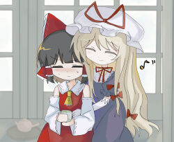  2girls absurdres bare_shoulders black_hair blonde_hair blush bow choker closed_eyes cup detached_sleeves dress elbow_gloves embarrassed gloves hair_ribbon hair_tubes hakurei_reimu hat highres holding holding_cup hug long_hair medium_hair mob_cap multiple_girls musical_note neckerchief purple_dress red_bow red_shirt red_skirt ribbon ribbon_choker shirt sitting skirt smile suisuitoutou sweatdrop teapot touhou very_long_hair white_gloves yakumo_yukari yellow_neckerchief 