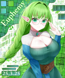  1girl absurdres barcode belt blush braid breasts brown_belt cleavage cleavage_cutout closed_mouth clothing_cutout commission commissioner_upload crown_braid dated dress elf euphemy_sylvaine gem glasses green_background green_dress green_eyes green_gemstone green_hair highres jewelry large_breasts long_hair long_sleeves looking_at_viewer lori_hagami official_art pointy_ears qr_code round_eyewear shrug_(clothing) smile solo twin_braids ways_of_darkness_(series) 