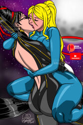 2girls artist_name ass back_cutout bayonet bayonetta bayonetta_(series) bayonetta_1 black_hair blonde_hair bodysuit breast_press closed_eyes clothing_cutout earrings glasses gloves hair_between_eyes highres hug jewelry kiss long_hair metroid metroid:_zero_mission multiple_girls night night_sky nintendo ponytail samus_aran sega sky thighs weapon