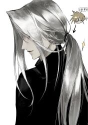  2boys 3_3lecho absurdres alternate_hairstyle black_shirt blonde_hair chibi chibi_inset closed_eyes closed_mouth cloud_strife final_fantasy final_fantasy_vii grey_hair highres long_bangs long_hair low_ponytail male_focus multiple_boys ponytail sephiroth shirt short_hair sparkle spiked_hair turtleneck white_background 