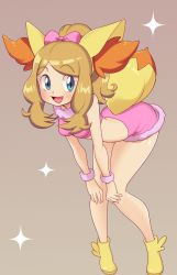  1girl artist_request ass ass_shake bent_over boots breasts cosplay crop_top fennekin_(cosplay) highres long_hair midriff miniskirt nintendo no_panties pokemon pokemon_xy serena_(pokemon) skirt source_request  rating:Questionable score:57 user:SRXpert