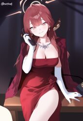  1girl absurdres aru_(blue_archive) aru_(dress)_(blue_archive) blue_archive breasts cleavage closed_mouth demon_horns dress earrings gloves halo highres holding holding_phone horns jacket jacket_on_shoulders jewelry large_breasts looking_at_viewer necklace official_alternate_costume phone pink_eyes pink_halo potgit red_dress red_hair side_slit sitting smile solo white_gloves 
