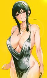  1girl absurdres alternate_costume bare_shoulders black_hair breasts collarbone covered_navel curvy dress earrings evening_gown glint gold_earrings gold_necklace grin groin hairband highres jewelry large_breasts looking_at_viewer mymzi necklace plunging_neckline red_eyes short_hair_with_long_locks side_slit sidelocks silver_dress smile solo spy_x_family teeth white_hairband wide_hips yellow_background yor_briar  rating:Sensitive score:157 user:danbooru