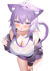  1girl aa44 animal_ears aqua_hair bare_shoulders blush breasts cat_ears cat_girl cat_tail cleavage collarbone colored_inner_hair commentary eyelashes highres hololive hood hoodie huge_breasts looking_at_viewer medium_hair multicolored_hair nekomata_okayu open_mouth pink_eyes purple_hair purple_hoodie purple_shorts purple_tail shorts simple_background solo sports_bra sweat tail thighs two-tone_hair virtual_youtuber white_background white_sports_bra 