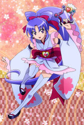  blue_hair cure_fortune cure_fortune_(anmitsu_komachi) detached_sleeves earrings fortune_tambourine frilled_skirt frilled_sleeves frills hair_ornament happinesscharge_precure! highres hikawa_iona japanese_clothes jewelry long_hair masako_(sabotage-mode) obi okobo open_mouth platform_sandals precure purple_eyes red_ribbon ribbon sandals sash skirt smile thighhighs tomatsu_haruka 