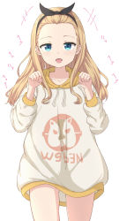 +++ 1girl absurdres black_hairband black_ribbon blonde_hair blue_eyes clothes_writing collarbone commentary_request drawstring forehead gluteal_fold hair_ribbon hairband hands_up highres hood hood_down hoodie kurumi_(lycoris_recoil) long_hair lycoris_recoil open_mouth ribbon simple_background solo standing takasuma_hiro tongue tongue_out translation_request white_background white_hoodie rating:Sensitive score:33 user:danbooru