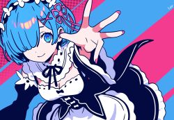  1girl absurdres apron black_dress blue_eyes blue_hair breasts bright_pupils cleavage dress hair_ornament hair_over_one_eye hairclip highres maid_apron one_eye_covered pink_nails re:zero_kara_hajimeru_isekai_seikatsu rem_(re:zero) roswaal_mansion_maid_uniform signature smile solo upper_body user_jazz4252 white_pupils 