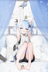 1girl :d absurdres ahoge arms_up bare_legs barefoot black_gloves black_shorts blue_eyes blue_hair blush boots coin curtains full_body gloves highres indoors knees_up loli looking_at_viewer on_bed open_mouth pillow shorts silver_(chenwen) sitting smile solo unworn_boots wuthering_waves youhu_(wuthering_waves) rating:Sensitive score:26 user:danbooru