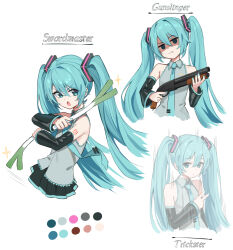  1girl aqua_eyes aqua_hair aqua_nails aqua_necktie aqua_trim arm_tattoo bare_shoulders bib_(bibboss39) black_skirt black_sleeves breasts check_copyright collared_shirt color_guide commentary copyright_request cropped_torso detached_sleeves devil_may_cry_(series) dot_nose english_commentary english_text food frilled_shirt frills grey_shirt gun hair_between_eyes hair_ornament hatsune_miku highres holding holding_food holding_gun holding_spring_onion holding_vegetable holding_weapon jitome long_hair meme multiple_views necktie nileseyy_niles_disappears_(meme) number_tattoo open_mouth partially_shaded_face pleated_skirt pump_action sawed-off_shotgun shirt shotgun simple_background skirt small_breasts sparkle spring_onion tattoo tie_clip twintails v-shaped_eyebrows vegetable very_long_hair vocaloid weapon white_background wide_sleeves 