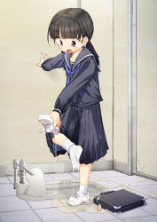 1girl :o bag black_hair blush brown_eyes collarbone female_focus full_body heijitsu_(paapuu) loli long_hair long_sleeves open_mouth original pee pee_trail peeing peeing_self puddle pulling_own_clothes public_restroom ribbon school_bag school_uniform shoes skirt solo squat_toilet standing tearing_up tears tile_floor tiles toilet toilet_stall twintails unworn_shoes water_drop wet wet_clothes wet_skirt white_footwear rating:Sensitive score:32 user:MonsieurCinq