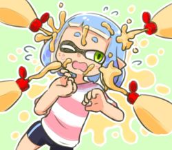 1girl black_shorts blue_hair flying_sweatdrops green_background green_eyes highres ikaheigen inkling inkling_girl inkling_player_character light_blue_hair loli mayonnaise nintendo one_eye_closed open_mouth outline pointy_ears sexually_suggestive shirt short_hair shorts single_vertical_stripe three-quarter_sleeves solo splatoon_(series) striped_clothes striped_shirt tentacle_hair white_outline rating:Questionable score:19 user:danbooru