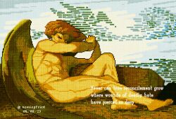 1boy abs angel_wings arm_up brown_hair day dithering english_text the_fallen_angel_(painting) feathered_wings fine_art_parody highres leaning_to_the_side looking_at_viewer lucifer_(mythology) male_focus muscular muscular_male nude onlypixeeels outstretched_leg parody partially_shaded_face pixel_art sky solo the_bible wings