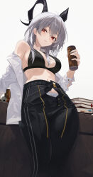  1girl absurdres alternate_costume bare_shoulders belt black_belt black_horns black_pants blush book book_stack breasts can closed_mouth commentary curled_horns drink_can fingernails grey_background grey_hair highres holding holding_can horns long_hair looking_at_viewer medium_breasts navel off_shoulder open_clothes open_fly open_shirt panties pants panty_peek red_eyes seehyun1031 shirt solo stomach underwear white_shirt wuthering_waves zani_(wuthering_waves) 