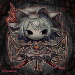  1girl :3 abstract_background apple bat_wings blue_hair blush_stickers chibi chibi_only closed_mouth dress food fruit full_body hat highres holding holding_food holding_fruit kinutaku looking_to_the_side mob_cap pointy_ears red_eyes remilia_scarlet shoes short_hair smile solo standing touhou wings 
