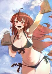  1girl ahoge beer_mug bikini black_bikini blue_sky breasts cloud cloudy_sky commentary_request cup day eris_greyrat foam_mustache highres holding holding_cup kiyo_(a_sam_ko) large_breasts long_hair looking_at_viewer mug mushoku_tensei navel open_mouth outdoors red_eyes red_hair side-tie_bikini_bottom sky solo swimsuit teeth upper_teeth_only 