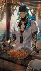  1boy aqua_hair arm_tattoo artist_request ashoka_(fate) beach black_headscarf chaldea_u-summer_island cooking dark-skinned_male dark_skin earrings fate/grand_order fate_(series) food food_request game_cg hand_tattoo headscarf jewelry long_hair looking_at_viewer low-tied_long_hair male_focus official_art orange_eyes outdoors palm_tree parted_lips partially_unbuttoned pectoral_cleavage pectorals shirt shirt_partially_tucked_in short_sleeves smile solo steam tassel tattoo third-party_source tree upper_body white_shirt 