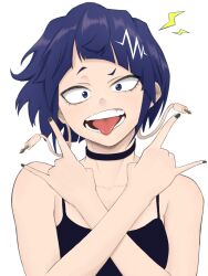  1girl \n/ audio_jack bare_arms black_tank_top blunt_bangs boku_no_hero_academia breasts choker crossed_arms earplugs highres jiro_kyoka long_earlobes looking_at_viewer open_mouth purple_hair short_hair solo tanabataei tank_top tongue tongue_out white_background 