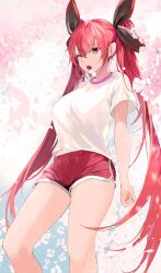 1girl arm_at_side bare_legs black_ribbon breasts candy cherry_blossoms date_a_live disdain falling_petals food fringe_trim hair_between_eyes hair_ribbon highres itsuka_kotori kooemong large_breasts lollipop long_hair long_legs looking_at_viewer petals red_eyes red_hair red_shorts ribbon shirt shorts sidelocks solo standing twintails very_long_hair white_shirt rating:General score:23 user:danbooru