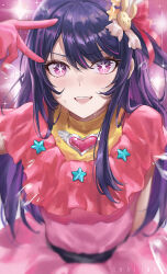  1girl brooch commentary dress gloves hair_ornament hair_ribbon hand_up heart heart_brooch highres hoshino_ai idol jewelry long_hair open_mouth oshi_no_ko pink_dress pink_gloves pink_ribbon purple_eyes purple_hair rabbit_hair_ornament ribbon shalink solo star-shaped_pupils star_(symbol) sweat symbol-shaped_pupils teeth upper_teeth_only v 