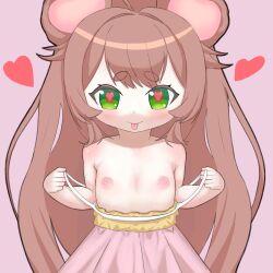  1girl 2025 bear_girl brown_hair green_eyes indie_virtual_youtuber irina_kumai loli long_hair thefunkydealer tongue tongue_out topless 