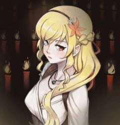  1girl blonde_hair braid breasts candle cleavage closed_mouth collarbone dress flower hair_flower hair_ornament hairband half_up_braid heterochromia highres jewelry large_breasts long_hair long_sleeves looking_at_viewer monogatari_(series) necklace oshino_shinobu princess princess_acerola red_eyes ricman_rt running_bond solo very_long_hair wazamonogatari white_dress yellow_eyes 