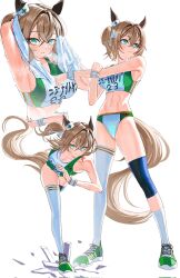  1girl alternate_costume alternate_species animal_ears armpits bare_shoulders breasts brown_hair brown_tail buruma cross-body_stretch green_eyes hair_between_eyes highres horse_ears horse_girl horse_tail indie_virtual_youtuber kneehighs large_breasts long_hair massiveyog multiple_views navel nimi_nightmare running shoes simple_background single_kneehigh single_sock single_thighhigh sneakers socks sports_bikini sports_bra sweat tail thighhighs track_and_field track_uniform umamusume virtual_youtuber white_background white_socks white_thighhighs wiping_face wiping_sweat 