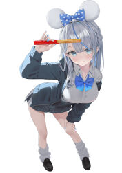  1girl absurdres amagai_ruka ara1e blue_eyes blue_hair blue_streaks breasts dress_suit grey_hair highres jacket long_hair long_sleeves looking_at_viewer multicolored_hair shirt simple_background skirt smile solo streaked_hair virtual_youtuber weather_planet white_background white_shirt 