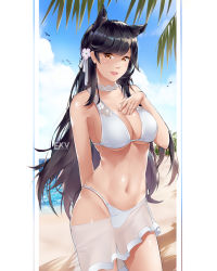 1girl animal_ears artist_name atago_(azur_lane) atago_(summer_march)_(azur_lane) azur_lane beach bikini black_hair bow breasts brown_eyes cowboy_shot day extra_ears exv female_focus hand_on_own_chest highleg highleg_bikini highres horizon large_breasts long_hair looking_at_viewer mixed-language_commentary mole mole_under_eye ocean outdoors ribbon sarong solo swept_bangs swimsuit white_bikini white_bow white_ribbon white_sarong rating:Sensitive score:11 user:danbooru