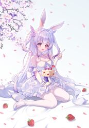  1girl :d absurdres alternate_costume alternate_hairstyle animal_ear_fluff animal_ears bare_shoulders breasts cake cherry_blossoms colored_bangs dress flower food fork frilled_dress frills fruit full_body gradient_hair hair_ribbon high_heels highres holding holding_knife jinse_fu_yaojing knife lanyin long_hair looking_at_viewer multicolored_hair official_art official_wallpaper open_mouth pantyhose petals plate purple_hair rabbit_ears rabbit_girl red_eyes ribbon shoes sitting small_breasts smile solo strawberry teeth two_side_up upper_teeth_only very_long_hair virtual_dimension_project virtual_youtuber wariza white_dress white_flower white_hair white_pantyhose xy_production 