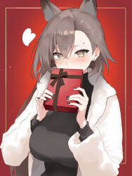  1girl absurdres animal_ears arknights black_sweater brown_eyes brown_hair covered_mouth dr.lamina earrings gift hair_between_eyes heart highres holding holding_gift jewelry light_particles long_hair long_sleeves looking_back mole mole_above_eye official_alternate_costume penance_(arknights) penance_(occasionally_flushed)_(arknights) red_background sleeveless sleeveless_turtleneck solo sweater swept_bangs turtleneck upper_body valentine 