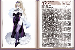  1girl blonde_hair breasts bridal_gauntlets character_profile cleavage description dress ectoplasm elbow_gloves female_focus flower fur gloves high_heels jewelry kenkou_cross large_breasts long_hair looking_at_viewer monster_girl monster_girl_encyclopedia monster_girl_encyclopedia_ii necklace official_art pale_skin ponytail red_eyes rose side_slit sidelocks silver_hair smile solo strapless strapless_dress thighhighs translation_request undead very_long_hair wight_(monster_girl_encyclopedia)  rating:Questionable score:63 user:Jake2011