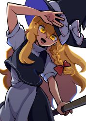  1girl apron black_hat black_skirt black_vest blonde_hair bow braid breasts broom cowboy_shot hat hat_bow holding holding_broom iganashi1 kirisame_marisa long_hair looking_at_viewer open_mouth puffy_short_sleeves puffy_sleeves shirt short_sleeves side_braid simple_background single_braid skirt small_breasts touhou turtleneck upper_body very_long_hair vest waist_apron white_apron white_background white_bow white_shirt witch witch_hat yellow_eyes 