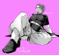 1boy anger_vein arm_support cibamatoxins commentary_request duryodhana_(fate) fate/grand_order fate_(series) foreshortening full_body greyscale_with_colored_background highres jewelry large_pectorals male_focus necklace pectorals pink_background pink_eyes shirt sitting solo sweatdrop t-shirt twitter_username 
