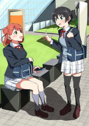  2girls :d absurdres bag black_hair black_jacket black_thighhighs blue_bag blunt_bangs breasts brown_shoes bun_with_braided_base collared_shirt commentary dress_shirt eye_contact gradient_hair grass green_eyes green_hair grey_socks grey_sweater hair_between_eyes hair_bun highres in-universe_location jacket loafers long_sleeves looking_at_another love_live! love_live!_nijigasaki_high_school_idol_club medium_breasts medium_hair miniskirt multicolored_hair multiple_girls neck_ribbon nijigasaki_school_uniform open_clothes open_hand open_jacket open_mouth orange_hair outdoors plaid_clothes plaid_skirt pleated_skirt red_ribbon ribbon rooftop school_bag school_uniform shirt shoes shoulder_bag single_side_bun sitting skirt smile socks standing sweater takasaki_yu thighhighs twintails uchuu_no_mozuku uehara_ayumu waving white_background white_shirt white_skirt winter_uniform zettai_ryouiki 