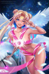  1girl ;d angel angel_wings arm_up armpits artist_name bare_shoulders bishoujo_senshi_sailor_moon blonde_hair blue_eyes blurry breasts brooch collarbone contrapposto cowboy_shot crescent crescent_earrings crescent_facial_mark depth_of_field double_bun earrings facial_mark feathered_wings female_focus fingernails foreshortening gem glowing hair_bun heart heart_brooch highres jewelry large_breasts long_hair looking_at_viewer naked_ribbon navel one_eye_closed open_mouth parted_bangs prywinko red_lips ribbon sailor_moon smile solo standing stomach thigh_gap tsukino_usagi twintails v v_over_eye very_long_hair watermark web_address white_wings wings  rating:Questionable score:64 user:danbooru