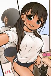  1girl black_cat black_hair blue_buruma blue_eyes breasts buruma cat collarbone commentary_request dark-skinned_female dark_skin gym_uniform indoors large_breasts lee_(colt) long_hair looking_at_viewer mirror original selfie shirt short_sleeves variant_set white_shirt 