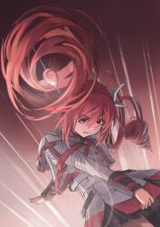  1girl absurdres ahoge arm_behind_back belt black_skirt blurry bow brown_belt buttons clenched_teeth commentary commentary_request double-breasted drill_hair english_commentary farrelarda64085 grey_jacket grey_skirt hair_between_eyes hair_bow hair_ribbon head_down highres jacket kasane_teto kasane_teto_(sv) layered_sleeves long_hair long_sleeves looking_at_viewer musical_staff musical_staff_print red_hair red_skirt red_trim ribbon skirt skirt_set solo striped_clothes striped_jacket striped_skirt synthesizer_v teeth twin_drills utau white_bow white_ribbon 