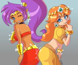  2girls alternate_costume artist_name ass ass-to-ass back-to-back blue_eyes breasts brown_hair earrings flower_earrings grin hair_between_eyes highres jewelry long_hair looking_at_another looking_at_viewer mario_(series) mario_kart mario_kart_world midriff multiple_girls nintendo one_eye_closed ponytail princess_daisy princess_daisy_(oasis) purple_hair shantae shantae_(series) shiny_skin smile standing tiara tomboy wink  rating:Sensitive score:5 user:Mr._Jive