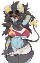 1girl absurdres animal_ears animal_nose arm_behind_head black_fur black_hair blue_fur breasts cleavage clothes_pull colored_sclera eyewear_on_head fur furry furry_female gen_4_pokemon heart highres large_breasts long_hair looking_at_viewer luxray navel nintendo pokemon red_sclera round_eyewear shorts shorts_pull simple_background solo sunglasses tail underboob white_background white_shorts yellow_eyes yuio58ok rating:Sensitive score:146 user:danbooru