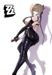  1girl absurdres arm_strap ass black_pants blonde_hair chest_harness copyright_logo evelyn_chevalier hair_up harness high-waist_pants highres k.dogo latex_pants necktie pants purple_eyes solo tight_clothes tight_pants white_background yellow_necktie zenless_zone_zero 