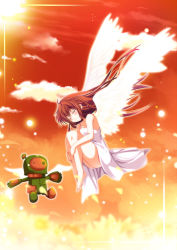  00s 1girl bad_id bad_pixiv_id barefoot brown_hair clannad closed_eyes collarbone dress feathered_wings female_focus garbage_doll girl_from_the_illusionary_world hugging_own_legs long_hair natsumikan okazaki_ushio smile solo sundress very_long_hair white_dress white_wings wings 