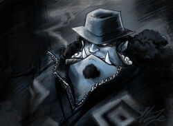  1boy black_eyes black_hair blue_skin chest_tattoo cigar closed_mouth colored_skin commentary crossover english_commentary facial_hair fedora fish_boy gangster goatee hat hat_over_one_eye jinbe_(one_piece) long_hair mafia male_focus meitantei_conan mouth_hold one_eye_covered one_piece pointy_ears scar scar_across_eye scar_on_face smoke smoking solo tattoo tusks vanze85 