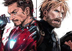  2boys armor avengers_(series) beard black-framed_eyewear blonde_hair blue_bodysuit blue_eyes bodysuit brown_eyes brown_hair captain_america captain_america_(series) chris_evans clenched_hand clip_studio_paint_(medium) closed_mouth commentary_request facial_hair from_side hair_between_eyes holding holding_removed_eyewear ikuchan_kaoru iron_man iron_man_(series) long_bangs looking_ahead male_focus marvel marvel_cinematic_universe multiple_boys mustache no_headwear nose realistic red_armor robert_downey_jr. science_fiction short_hair smile solo split_screen steve_rogers superhero_costume suspenders tony_stark unworn_eyewear v-shaped_eyebrows white_background 