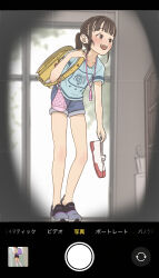  1girl :d backpack bag bare_legs blue_shirt blue_shorts brown_eyes brown_hair closed_umbrella clothes_writing commentary_request crime_prevention_buzzer day denim denim_shorts drawstring fake_phone_screenshot fake_screenshot full_body getabako happy hidden_camera highres holding holding_shoes holding_strap holding_unworn_clothes indoors kinchaku leaning_forward legs looking_ahead multicolored_shoes open_mouth original pink_bag ponytail pouch randoseru sabuakadeath shirt shoes short_shorts short_sleeves shorts smile sneakers solo standing t-shirt umbrella untucked_shirt unworn_shoes uwabaki voyeurism white_shoes white_umbrella wide-eyed wispy_bangs yellow_bag 