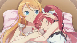 2girls bare_arms bare_shoulders blue_eyes breasts camisole closed_eyes closed_mouth commentary date_a_live english_commentary frilled_camisole frills hand_on_another&#039;s_head highres itsuka_kotori kousaka_kirino long_hair lying multiple_girls on_back on_side orange_hair ore_no_imouto_ga_konna_ni_kawaii_wake_ga_nai pillow pink_nails red_hair scarletsky sleeping small_breasts smile taketatsu_ayana twintails upper_body voice_actor_connection 
