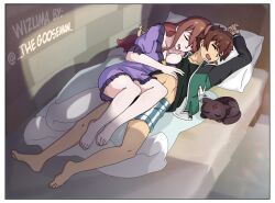  1boy 1girl boxers breasts brick_wall brown_hair chomusuke cleavage closed_eyes highres hug ivan_the_goose kono_subarashii_sekai_ni_shukufuku_wo! large_breasts long_hair male_underwear on_bed pillow satou_kazuma shirt short_hair sleeping underwear wiz_(konosuba) 